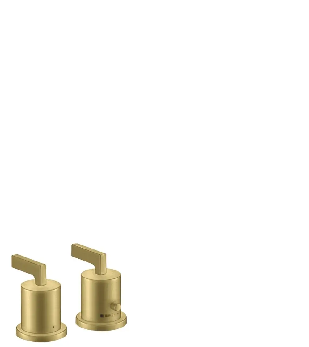 Zwei Hebelgriffe aus brushed brass für eine Wannenrandarmatur von AXOR. Links ein Bedienhebel, rechts ein Thermostat mit Temperaturanzeige.